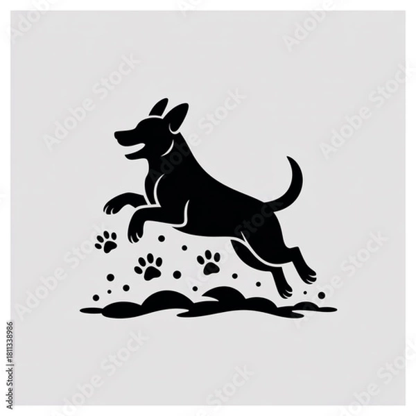 Fototapeta Silhouette of a happy dog jumping with paw prints