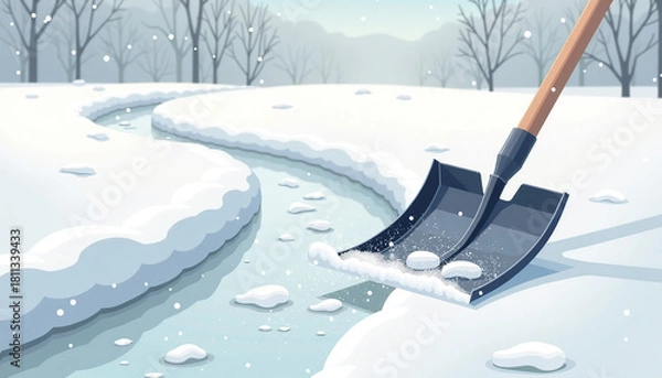 Fototapeta A cartoon shovel that clears snow and leaves behind a perfectly clean, smooth driveway in the winter landscape