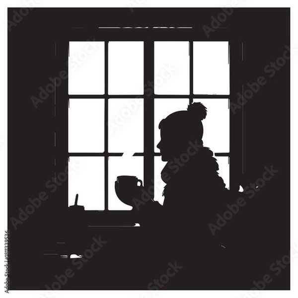 Fototapeta Silhouette of a person holding a cup in front of a window