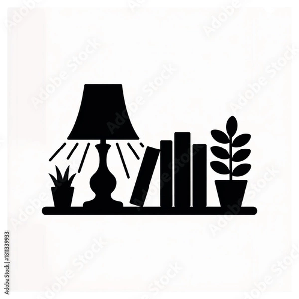 Fototapeta Silhouette of a lamp, books, and plants on a shelf