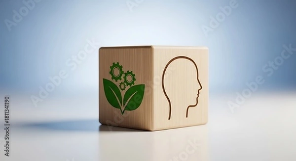 Fototapeta Wooden cube with green leaf and gear symbol on one side and human head outline on the other, representing ecofriendly technology and innovation