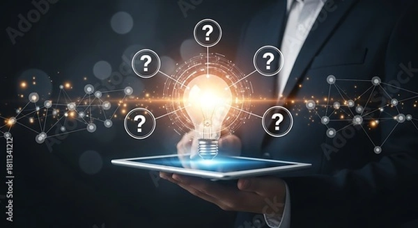 Fototapeta Businessman holding a tablet with a glowing light bulb and question marks symbolizing ideas and problem solving