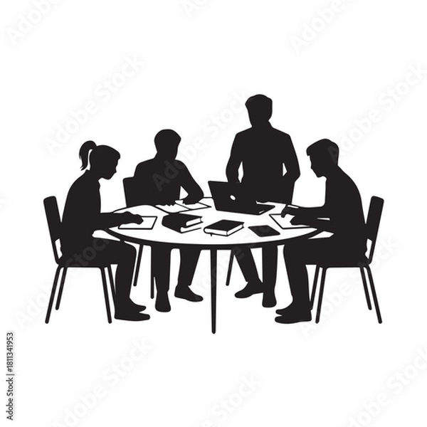 Fototapeta Silhouette of people collaborating around a round table with books and laptop