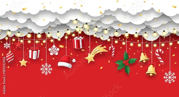 Obraz Festive Christmas Decorations Banner on Red Background with Clouds