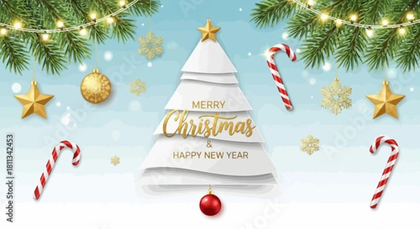 Obraz Christmas and Happy New Year Scene with White Paper Tree and Festive Ornaments