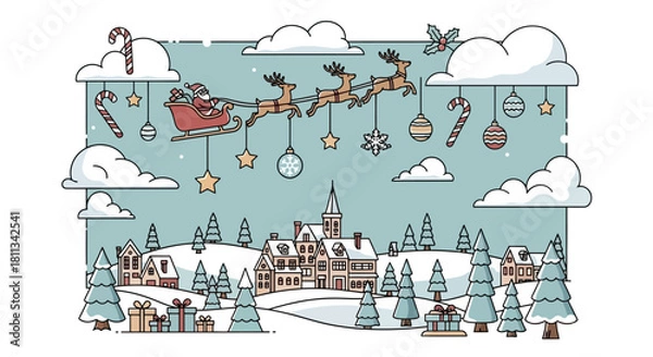 Obraz Santa's Sleigh Over Snowy Town Holiday Scene Illustration