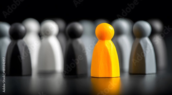 Fototapeta powerful visual concept of success in business and modern competition, featuring a single bright yellow gaming figure standing out as the leader from a uniform crowd of gray people arranged in rows