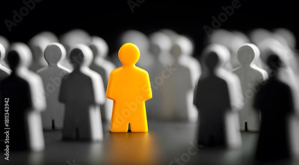 Fototapeta powerful visual concept of success in business and modern competition, featuring a single bright yellow gaming figure standing out as the leader from a uniform crowd of gray people arranged in rows