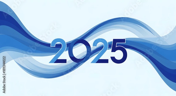 Fototapeta Dynamic 2025 text with flowing blue waves, modern abstract design