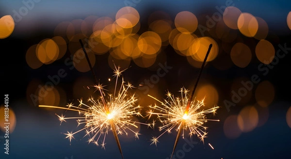 Fototapeta Bright sparklers illuminate the festive night with golden bokeh lights.