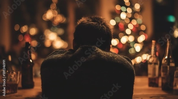 Obraz lonely man sitting in dimly lit bar during christmas night mood