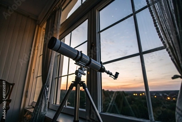 Obraz Telescope by a window at twilight for telescoping the outer world