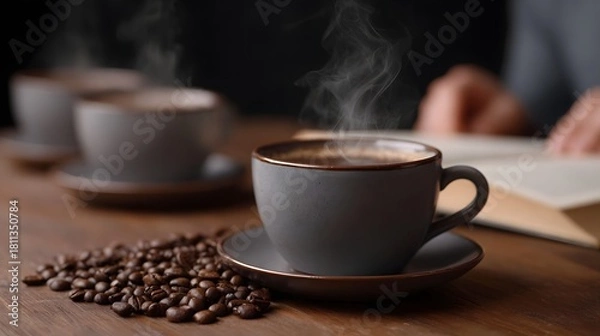 Fototapeta A steaming cup of coffee sits on a saucer next to coffee beans with a person reading a book in the background