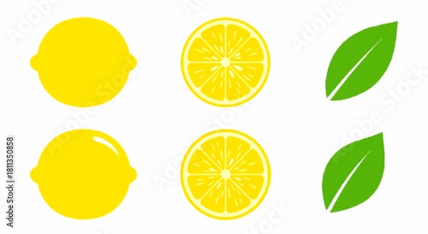Fototapeta Two whole lemons, two lemon slices, and two green leaves arranged in two rows on a white background.