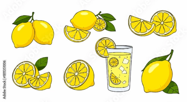 Fototapeta A collection of cartoon lemon illustrations, including whole fruits, slices, wedges, and a glass of lemonade.
