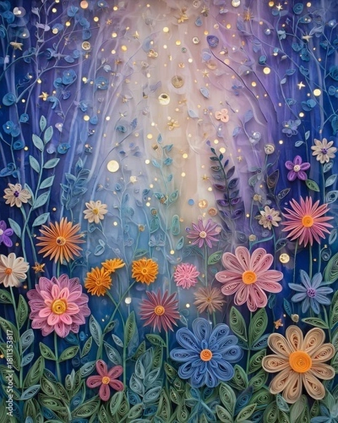 Fototapeta A stunning display of colorful flowers in a magical garden, illuminated by soft, glowing lights. This captivating scene brings nature to life with vibrant hues.