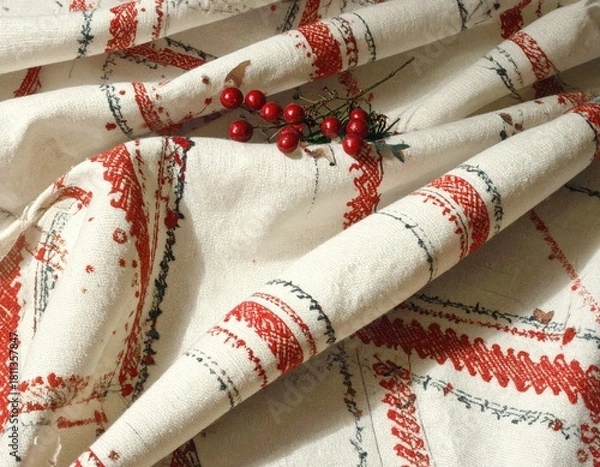 Obraz Draped fabric with red pattern & berries