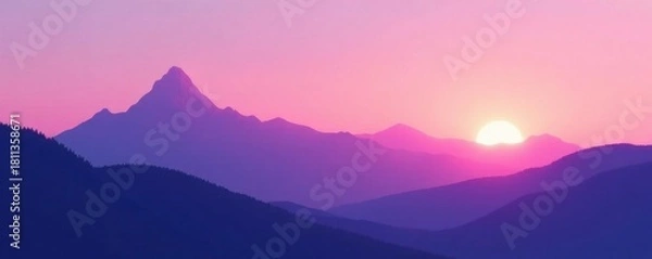 Fototapeta Pastel purple mountain silhouette at sunrise Gradient sky, minimalist design , dawn, minimal