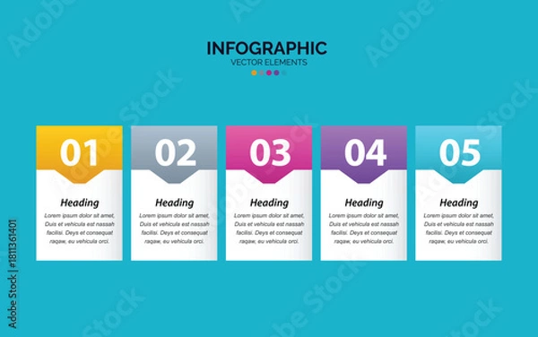 Fototapeta Modern infographic template with five numbered steps and colorful geometric shapes for business presentation or data visualization.
Colorful infographic template with five numbered steps and text boxe