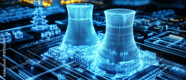 Fototapeta Blue glowing wireframe of a nuclear reactor and cooling towers floats above a power plant, highlighting advanced technology and sustainable energy concepts
