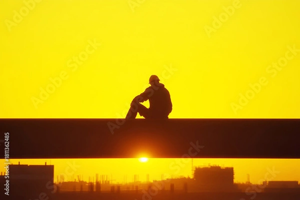 Fototapeta A construction worker sits on a steel beam, silhouetted against a stunning yellow sunset. The scene captures a moment of reflection at a bustling construction site