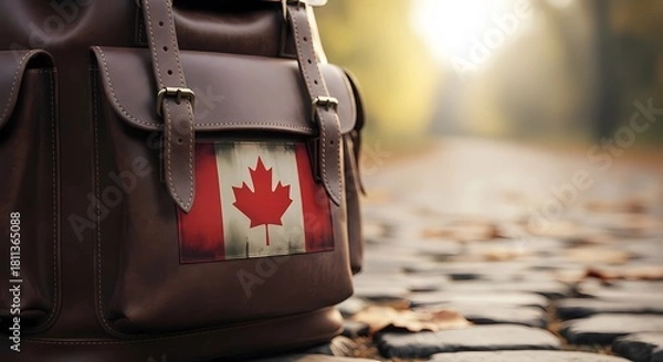 Fototapeta Brown leather backpack with canadian flag patch on a cobblestone path