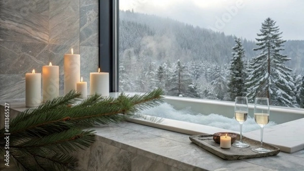 Obraz Relaxing winter spa day with champagne in snowy cabin