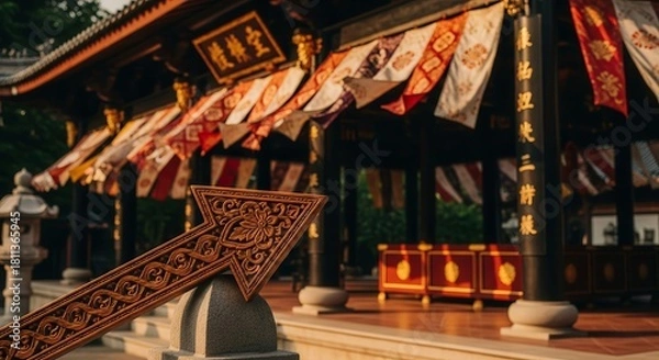 Obraz Asian Temple Architecture Decorated With Flags And Directional Wooden Carved Arrow