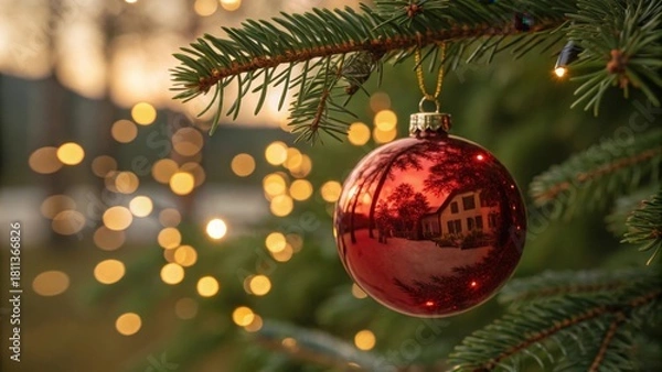 Obraz Sparkling Christmas ornament reflecting cozy home scene