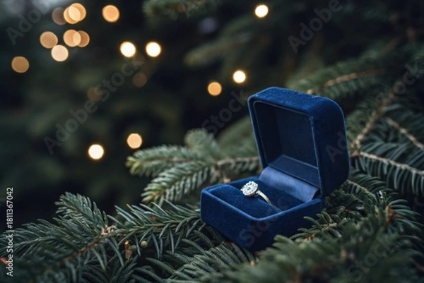 Fototapeta Engagement ring sparkles on Christmas tree branch