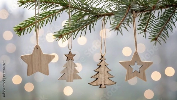 Obraz Festive wooden star and tree ornaments sparkle softly