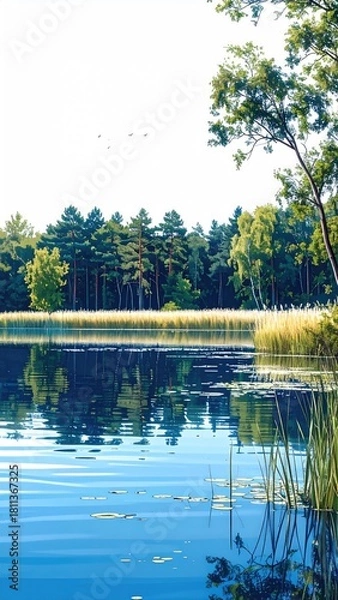 Fototapeta Calm lake reflects forest; bright day, serene view