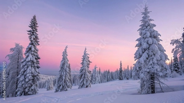 Obraz Snowy evergreens glow at dawn in a winter wonderland