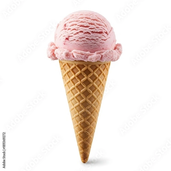 Fototapeta A creamy ice cream scoop in a crisp waffle cone, beautifully isolated on a clean white background for elegant presentation.
