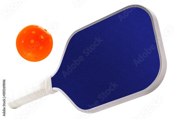 Fototapeta Blue pickleball paddle with orange isolated on white with clipping path, modern sports equipment for pickleball training and gameplay.