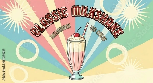 Obraz Classic Milkshake Retro Style Poster Design with Cherry Topping and Striped Straw on a Vibrant Sunburst Background.
