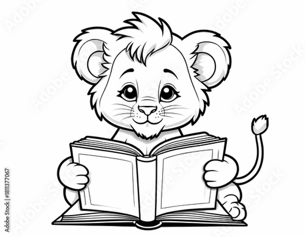 Fototapeta Cute lion cub reading a big book, black and white kids coloring page
