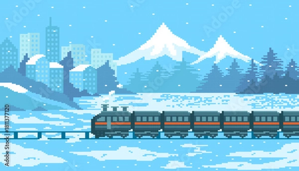 Obraz Steam train on snowy ground with silhouette of buildings and pine or tree on mountain and blue sky background in winter with snowfall.