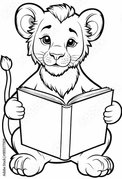 Obraz Cute lion cub reading a big book, black and white kids coloring page