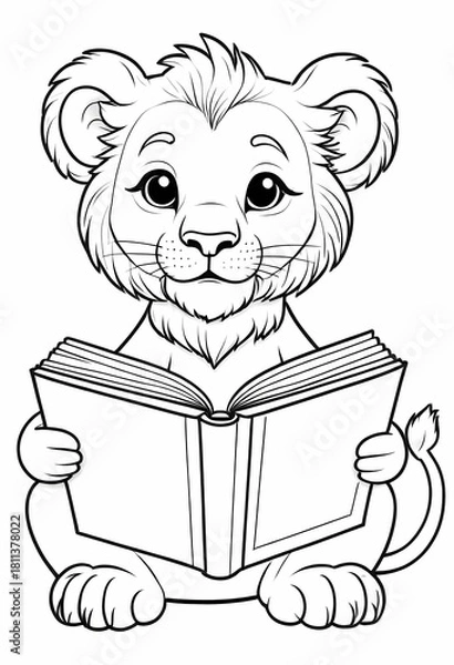 Obraz Cute lion cub reading a big book, black and white kids coloring page