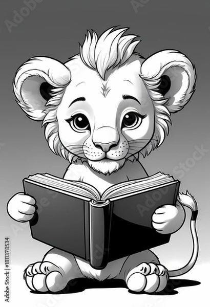 Obraz Cute lion cub reading a big book, black and white kids coloring page