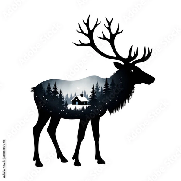 Fototapeta Silhouette of a Reindeer and Winter Landscape: A captivating silhouette of a reindeer, with its majestic antlers, unveils a serene winter landscape encapsulated within its form.