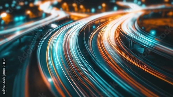 Obraz interchange. City interchange at night with abstract light trails, capturing dynamic urban energy. mobility guides, transit brochures, designed for transport & logistics marketing.