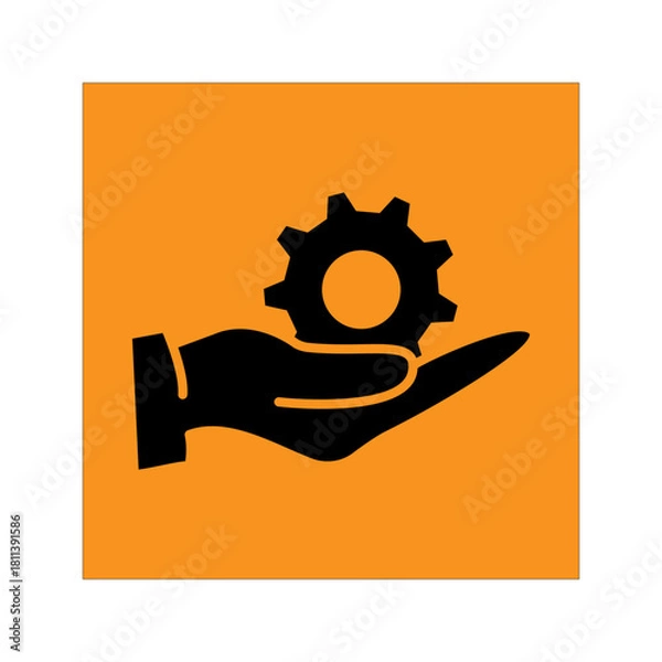 Obraz Hand Holding Gear Icon A minimalist black silhouette icon of a hand holding a gear, symbolizing technical support,