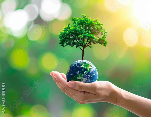 Fototapeta Eco Globe in Hand with Tree Growth Symbolizing Sustainability and Global Environmental Responsibility	
