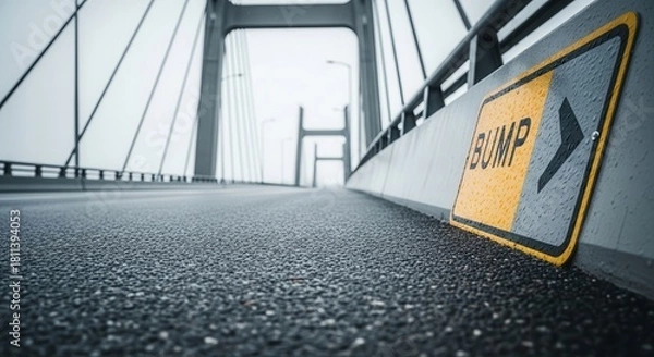 Fototapeta Bridge And Weather Sign: An Illustrative Depiction Of A Wet Road Surface