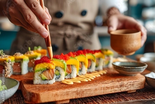 Obraz Sushi chef is preparing a plate of sushi with a variety of ingredients, including avocado, salmon, and red sauce. The sushi is arranged on a wooden board