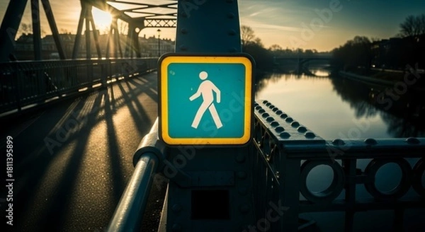 Fototapeta Bridge Pathway Sign Against Scenic Sundown, Enhancing Urban Crossing Imagery