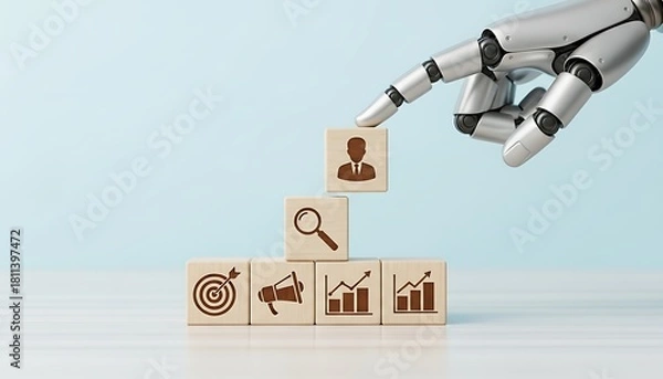 Fototapeta Robot hand placing wooden block with human icon on top of other blocks with marketing and business icons on a light blue background