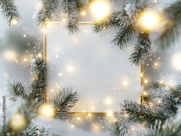 Obraz Gold-edged square frame with snowy pine branches and sparkling Christmas lights background template for festive cards, social media posts, and promotional designs.